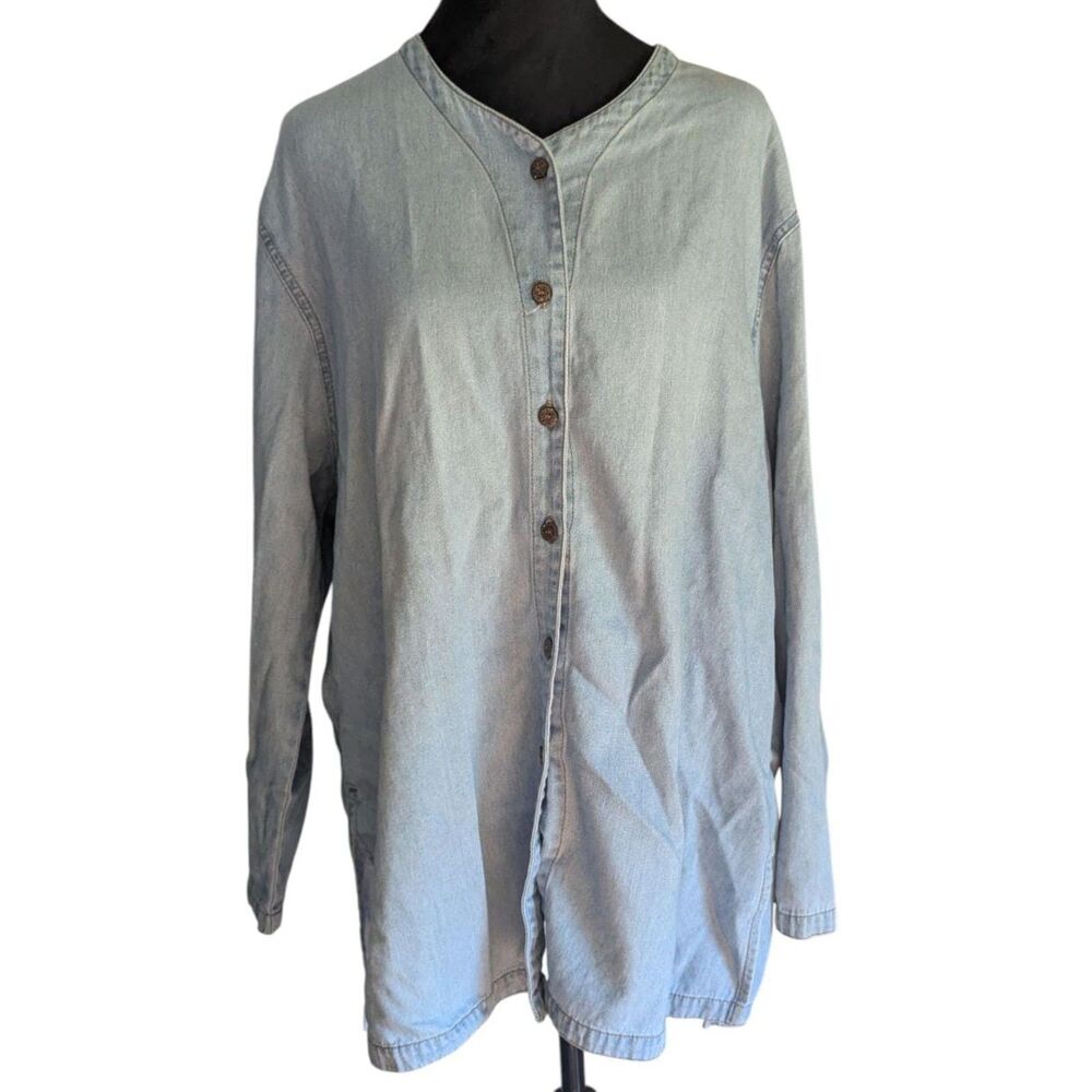 Vtg 90s Orvis Denim Shacket L Made in USA Collarless V-Neck Chambray